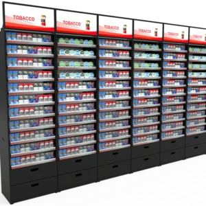 BACKBAR tobacco and OTP display X6 rack set (12'), illuminated with header, accommodating up to 8,424 cigarette packs