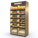 Bakery Backwall accommodating up to 28 SKUs with open lower and upper compartments and an illuminated header