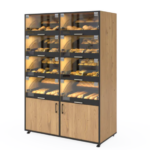 Bakery endcap display accommodating up to 24 SKUs, with additional lower storage