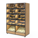 Bakery endcap display accommodating up to 24 SKUs, with additional open lower compartments