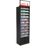 BACKBAR tobacco and OTP display rack (2′), illuminated with header, accommodating up to 1,404 cigarette packs